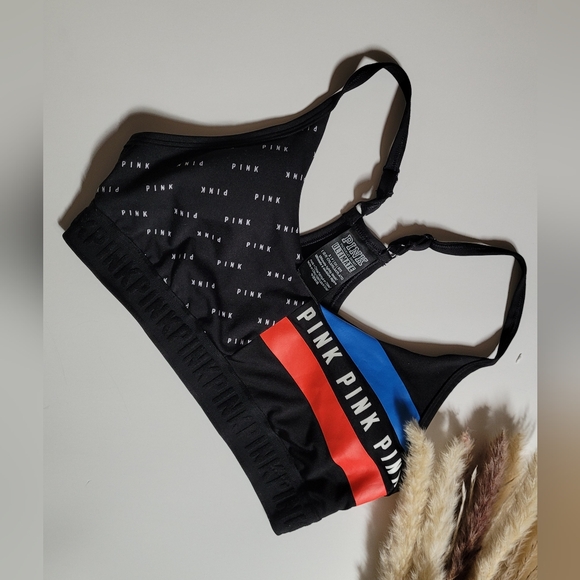 PINK Victoria's Secret Tops - Black Sports Bra with Red and Blue Stripes